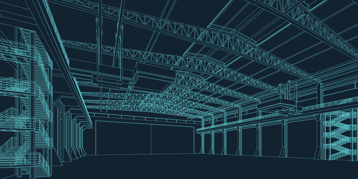Wire-Frame-Darstellung einer Industriehalle