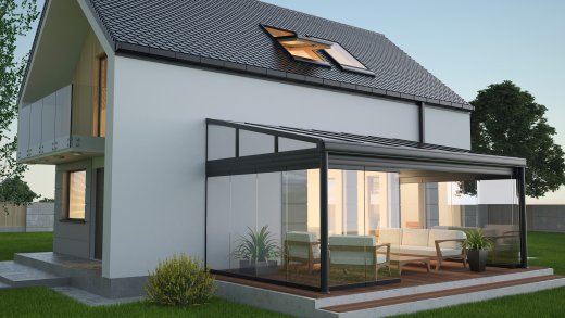 3D-Illustration eines Wintergartens mit Terrasse und Baldachin.